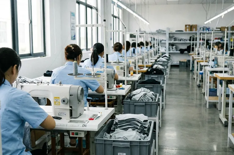 Bulk cut & sew stage on the Rivexo Athletics factory floor