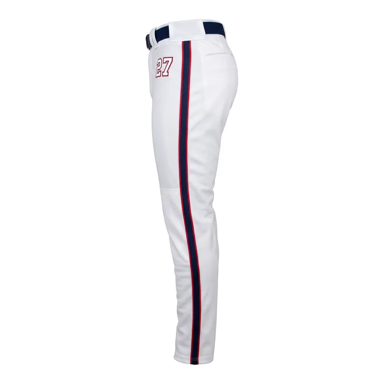 Custom baseball full-length game pants, left side view