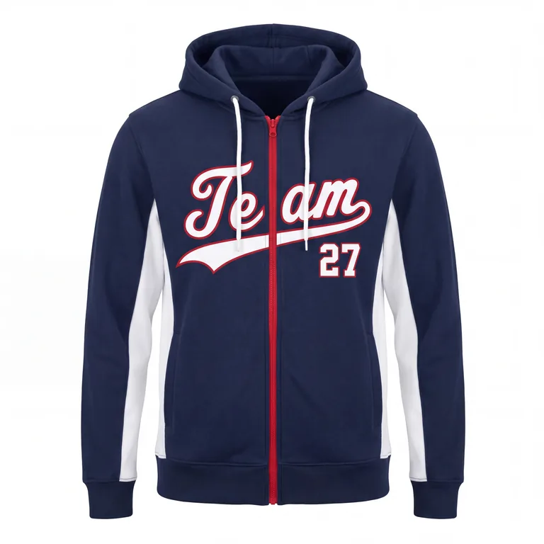 Custom baseball full-zip hooded jackets, front view