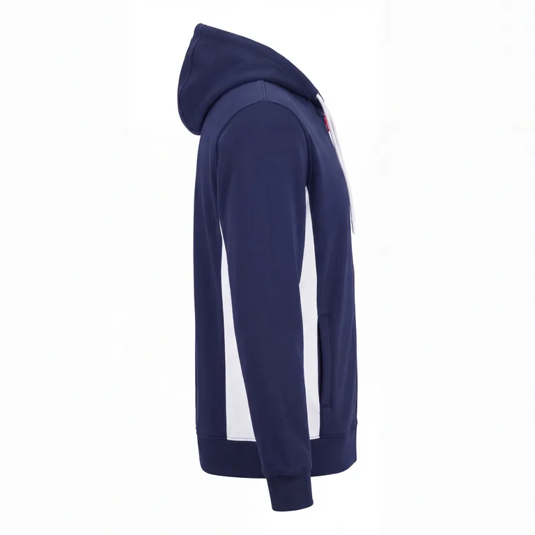 Custom baseball full-zip hooded jackets, left side view