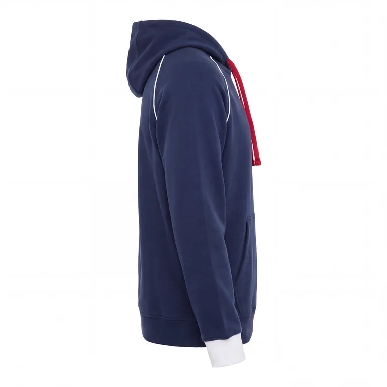 Custom baseball hooded pullovers, left side view