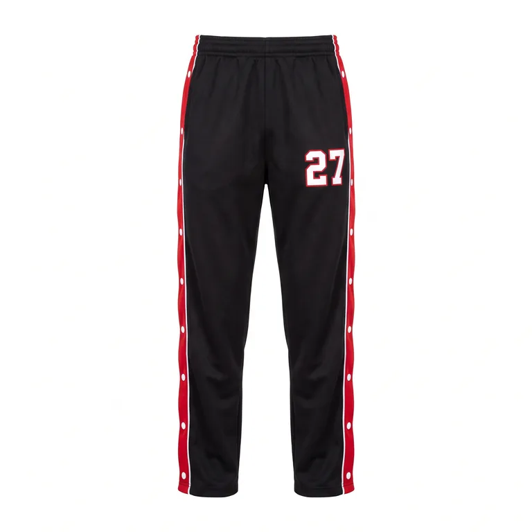 Custom basketball snap-away warm-up pants, front view