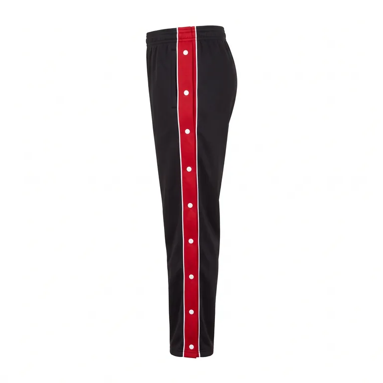 Custom basketball snap-away warm-up pants, left side view