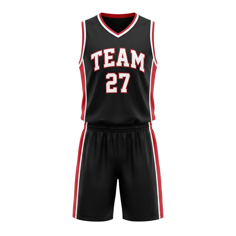 Custom basketball v-neck game uniforms, front view