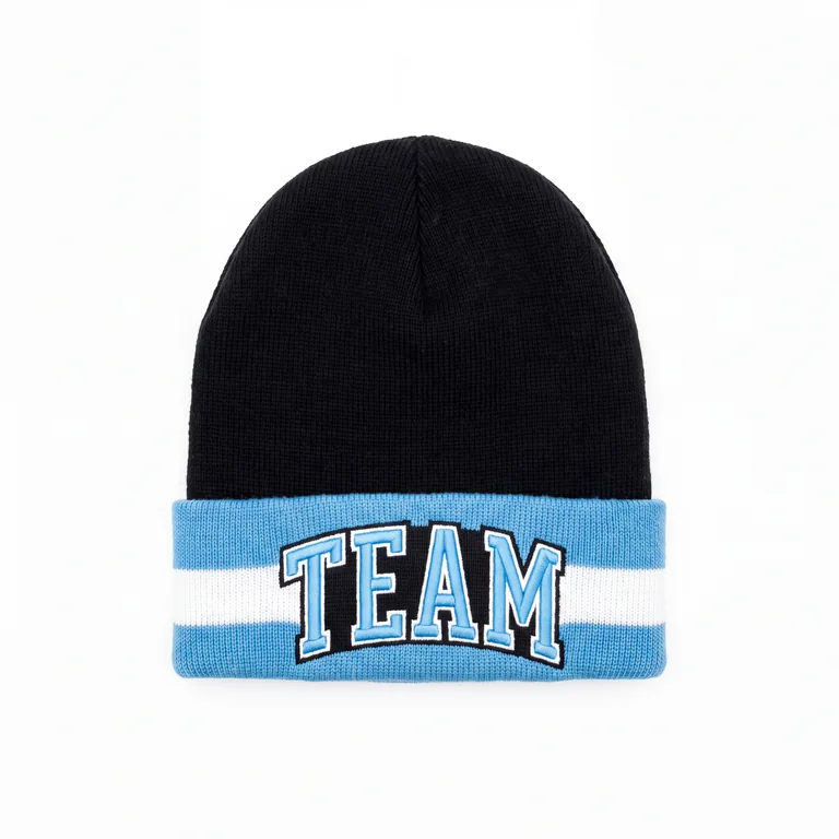 Custom ice hockey team beanies, front view