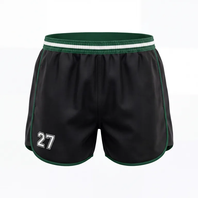 Custom rugby striped-band shorts, front view