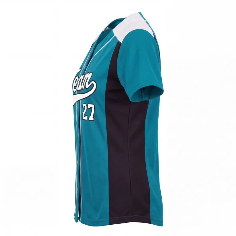Custom softball button-front game jerseys, left side view