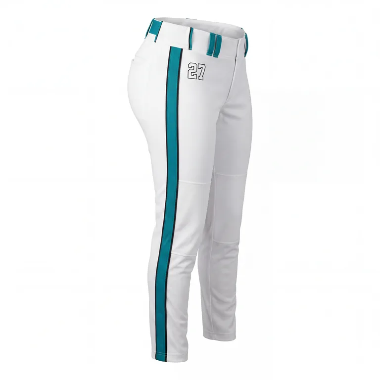 Custom softball full-length game pants, left side view