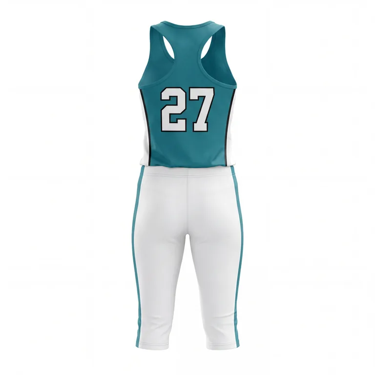 Custom softball racer-back game uniforms, back view