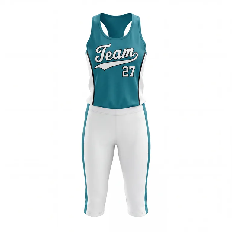 Custom softball racer-back game uniforms, front view