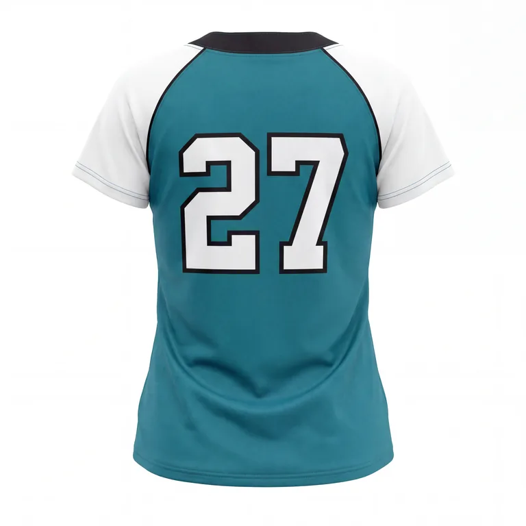 Custom softball two-button placket jerseys, back view