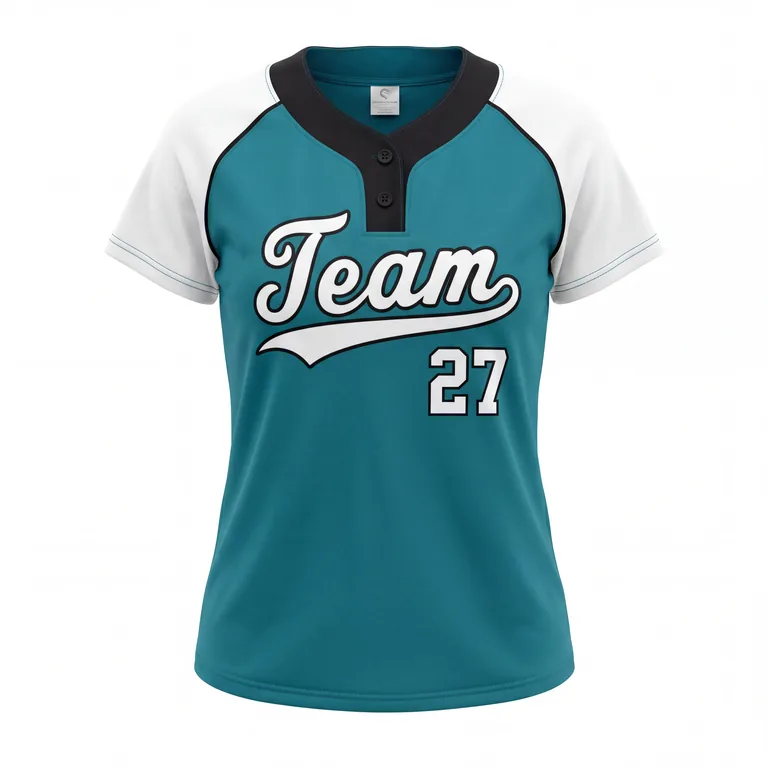 Custom softball two-button placket jerseys, front view