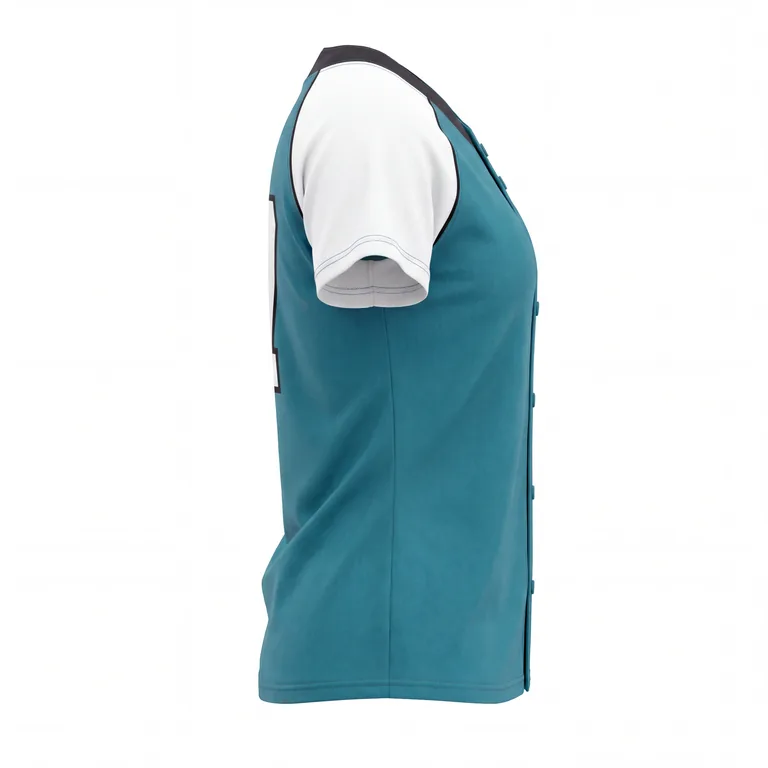 Custom softball two-button placket jerseys, left side view