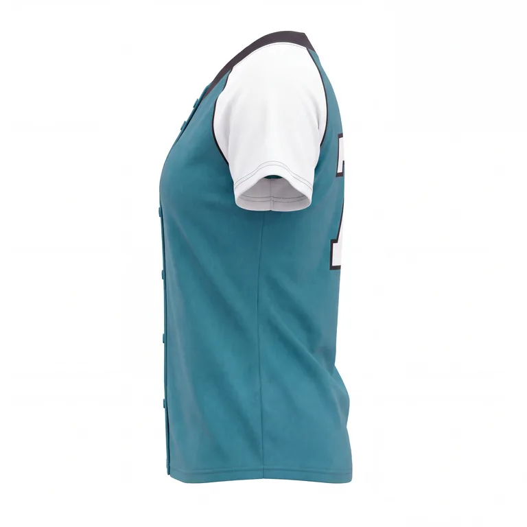 Custom softball two-button placket jerseys, right side view