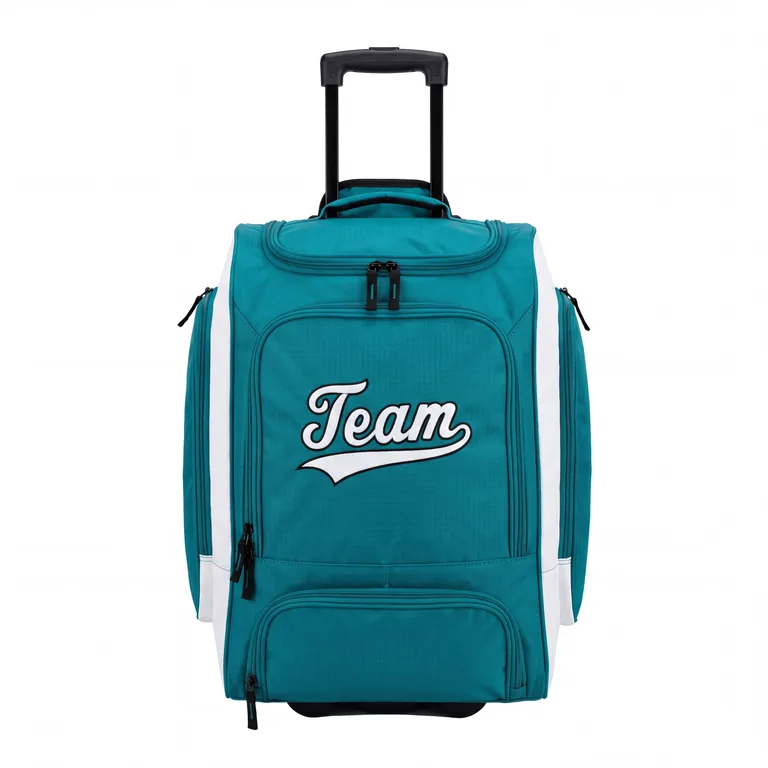 Custom softball wheeled equipment bags, front view