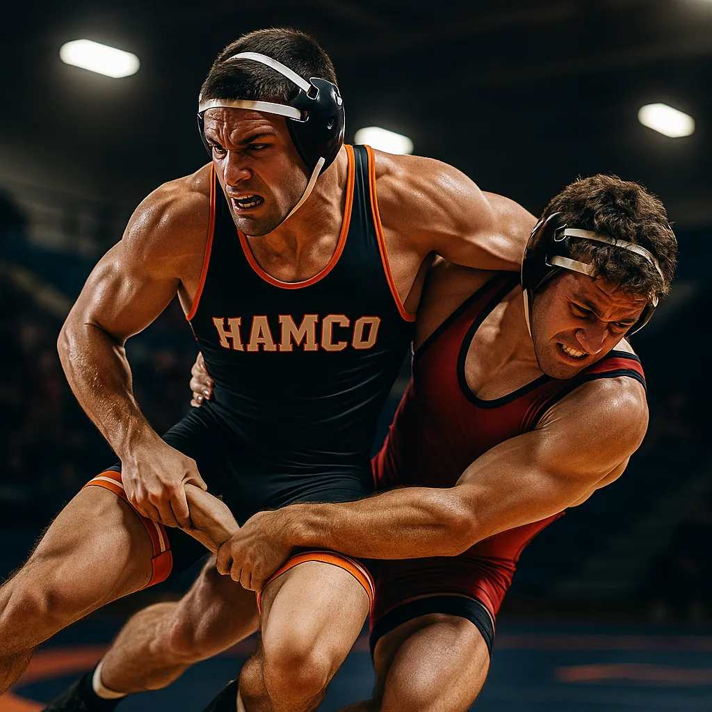 Custom wrestling team uniforms made in the Rivexo Athletics factory